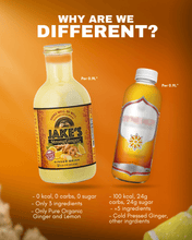 Load image into Gallery viewer, A comparison of a 32oz bottle of Jakes StrongGinger organic ginger juice with another brand