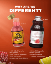 Load image into Gallery viewer, A comparison of a 12oz bottle of Jakes StrongGinger organic ginger pomegranate juice with another brand