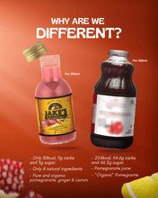 Load image into Gallery viewer, Competitive comparison of Jake's StrongGinger organic pomegranate ginger juice with others highlighting nutrition facts.