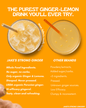 Load image into Gallery viewer, Comparison of Jake's StrongGinger ginger drink and a standard ginger juice, highlighting nutrition facts.