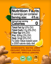 Load image into Gallery viewer, Nutrition facts for Premium Steeped Ginger Juice 32oz Bottle by Jake’s, highlighting organic ingredients and serving details.