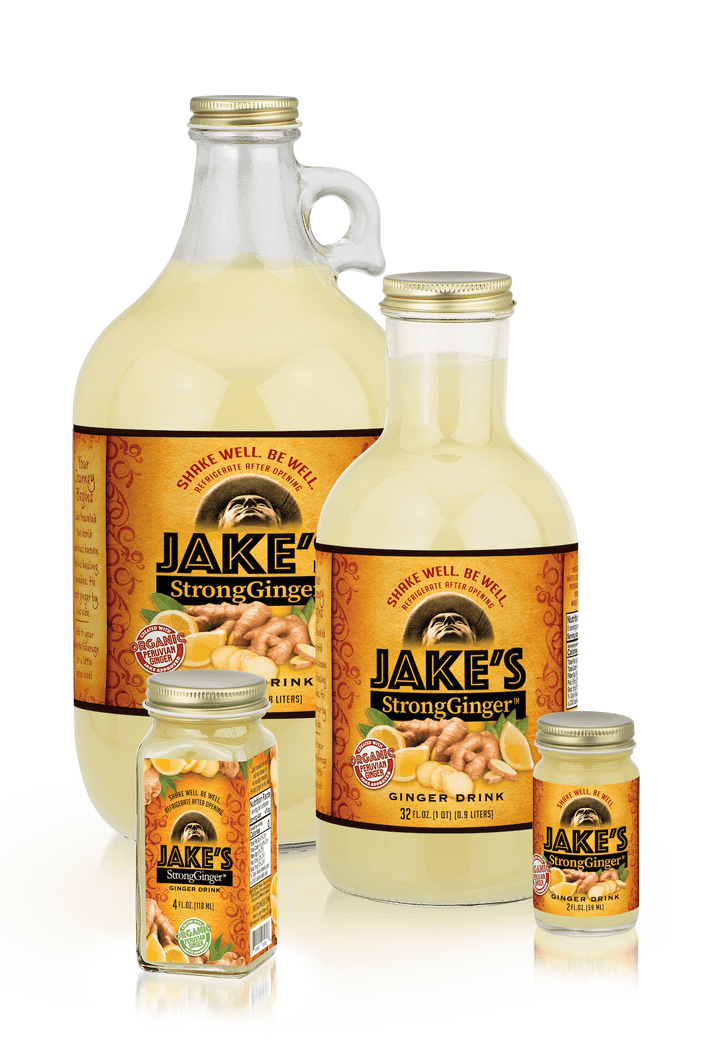 A collection of Jake's StrongGinger organic ginger juice in 4oz, 32oz, 64oz and 2oz bottles.