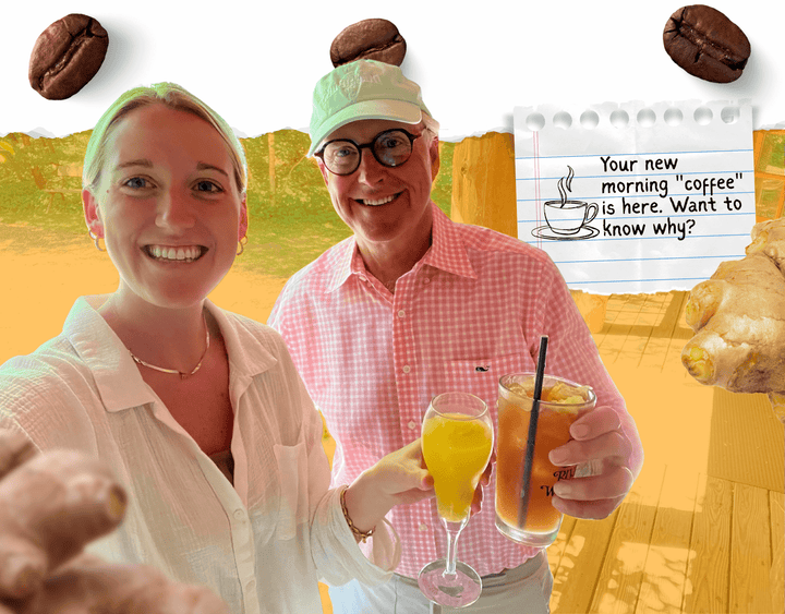 Christiana and Jake's enjoying a glass of Jake's StrongGinger organic ginger juice in their orange juice in lieu of coffee.