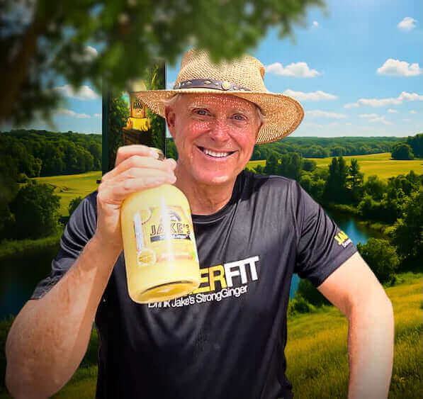 Jake holding a bottle of Jake's StrongGinger organic ginger juice