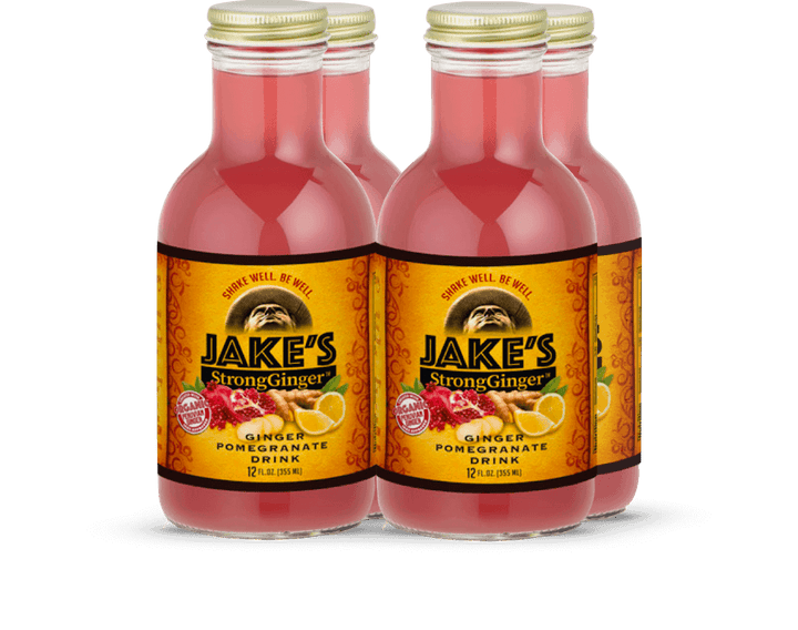Four bottles of Jake’s Jake's StrongGinger organic ginger pomegranate juice