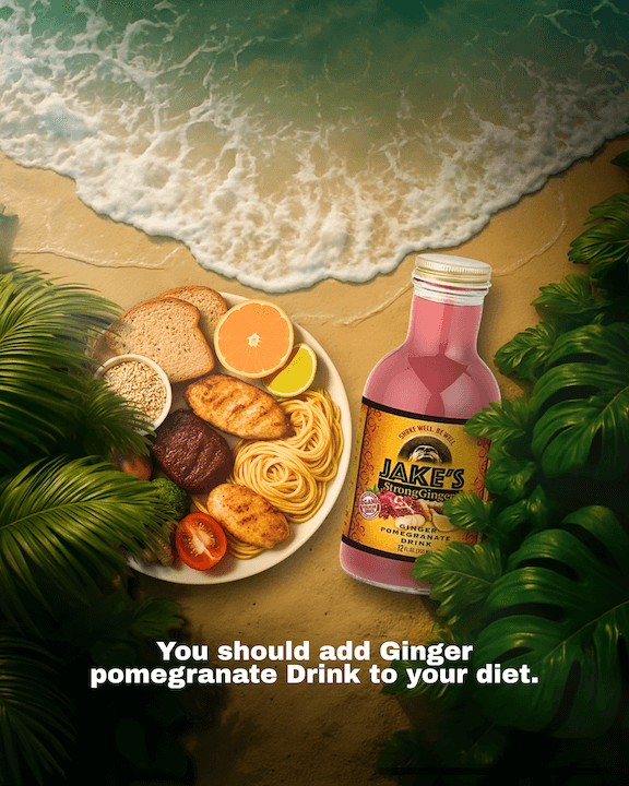 Bottle of Jake’s pomegranate StrongGinger organic ginger juice an oceanscape