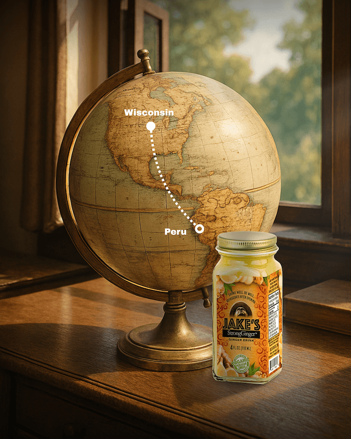 Jake's StrongGinger organic ginger juice next to a globe