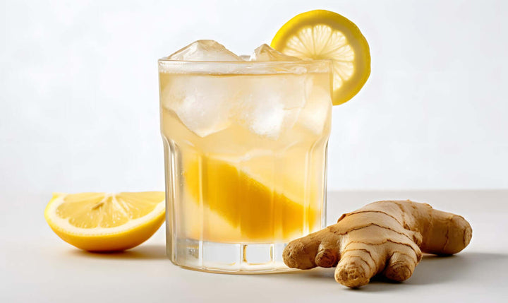 A glass of water, ginger and lemons to show what goes into a bottle of Jake's StrongGinger organic ginger juice