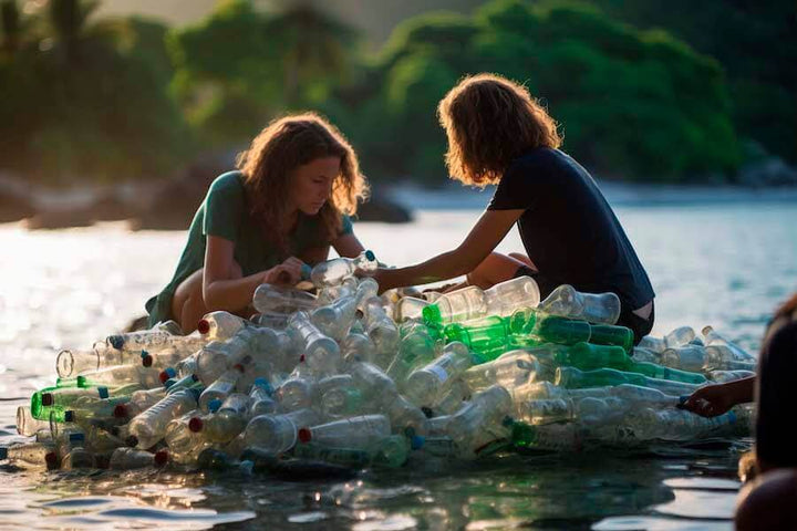 Two women picking up plastic bottles to communicate that purchasing a bottle of Jake's StrongGinger organic ginger juice is like ridding the environment of 2 plastic bottles.