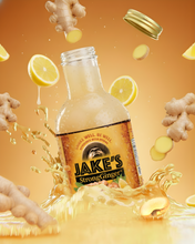 Load image into Gallery viewer, A 64oz bottle of Jake&#39;s Organic StrongGinger Juice on a background of ginger and lemons to depict freshness.
