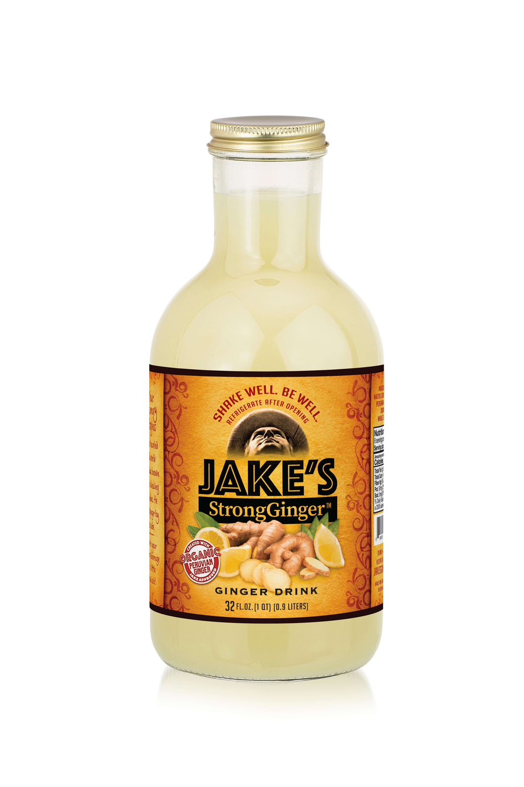 Jake's StrongGinger™ 32oz Bottle with organic Peruvian ginger juice for health and wellness.