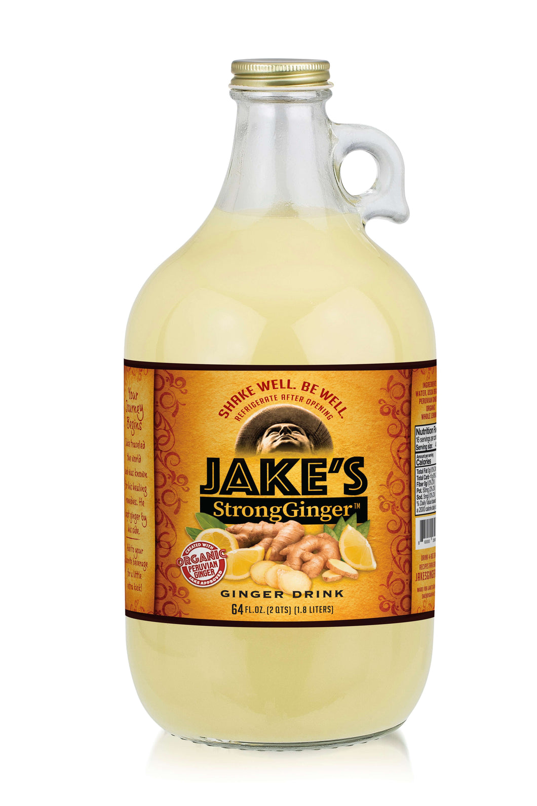 Jake's StrongGinger 64oz glass bottle filled with organic Peruvian ginger juice, perfect for a spicy kick.