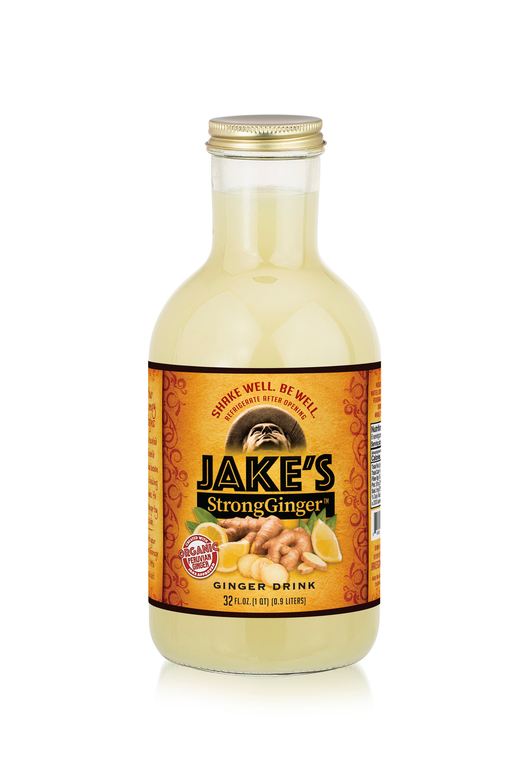A 32oz bottle of Jake's StrongGinger Organic Ginger Juice 