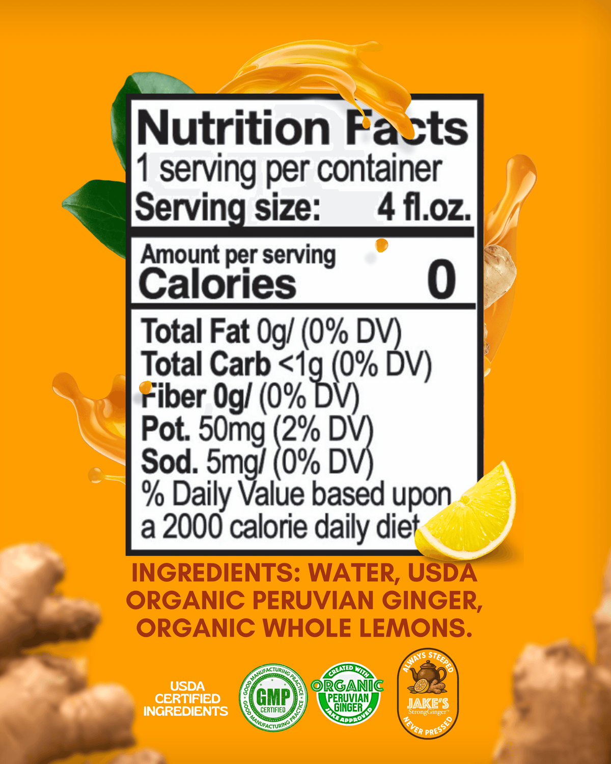 Premium Steeped Ginger Juice 4oz 12-Pack nutrition facts panel showcasing ingredients and serving size.