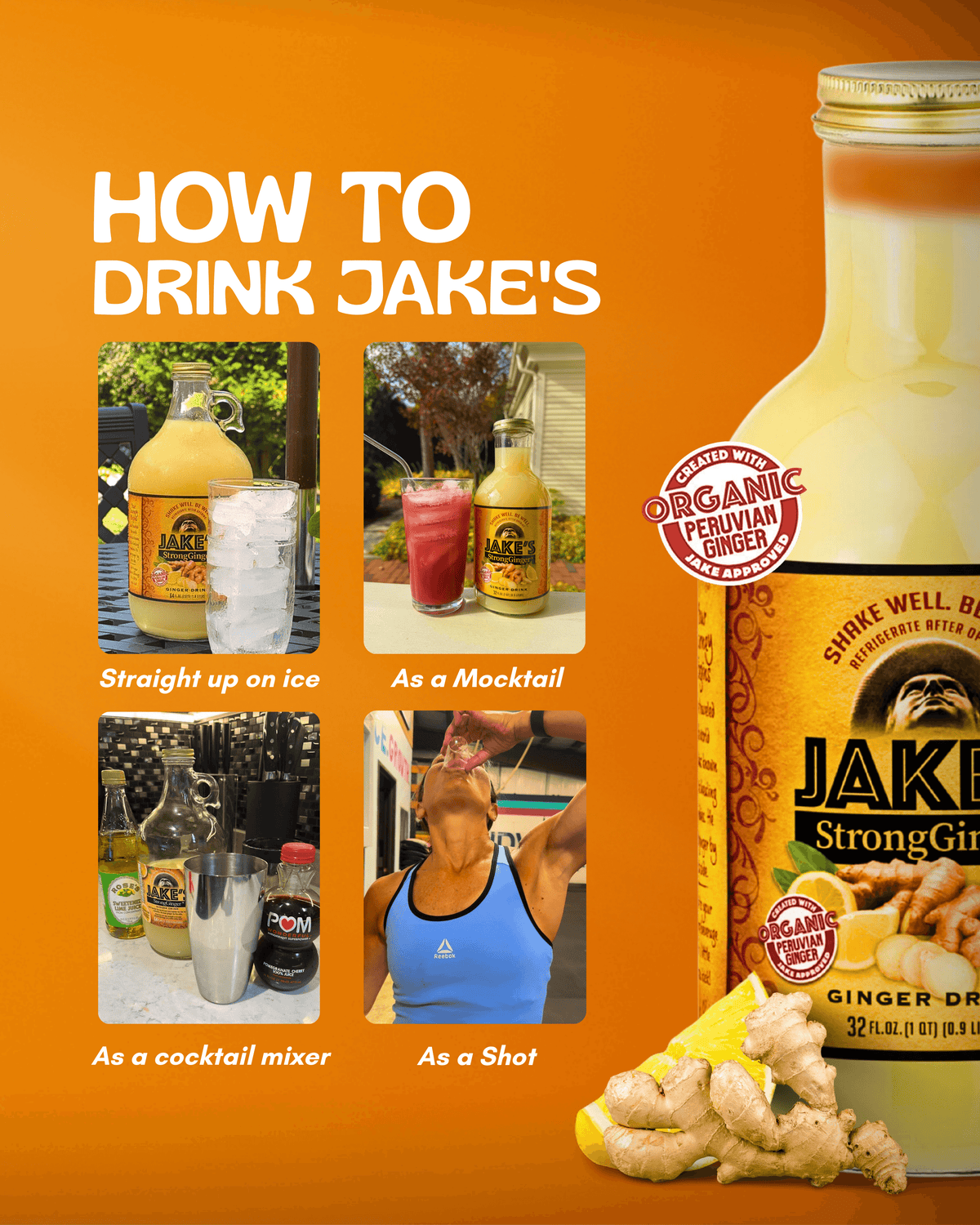 How to drink Jake's Premium Steeped Ginger Juice 32oz Bottle in various ways: on ice, as a mocktail, cocktail mixer, or shot.