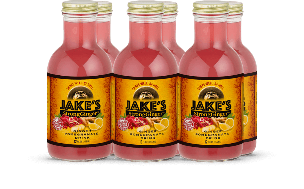 A 6 pack of 12oz Bottles of Jake's StrongGinger Pomegranate Drink