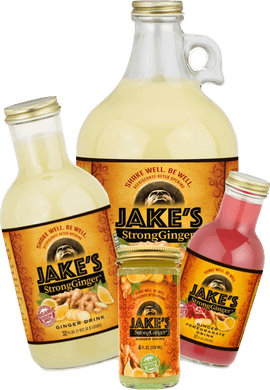 Premium Steeped Ginger Juice Adventure Pack featuring Jake's StrongGinger™ juices in various sizes.