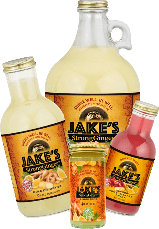Premium Steeped Ginger Juice Adventure Pack featuring Jake's StrongGinger™ juices in various sizes.
