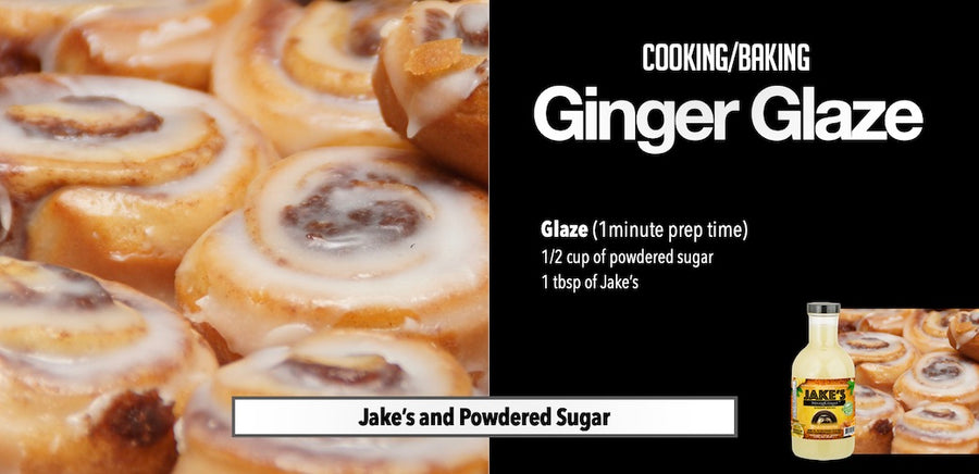 Cinnamon rolls topped with Jake’s quick ginger glaze beside a bottle of Jake’s StrongGinger. Tags: Ginger Glaze, Baking, Cinnamon Rolls, Dessert, Quick Recipe