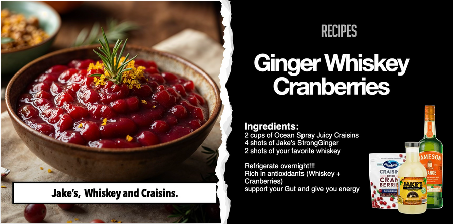 Bowl of ginger whiskey cranberries with Jake’s StrongGinger and whiskey bottles.