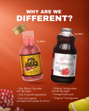 Load image into Gallery viewer, A comparison of a 12oz bottle of Jakes StrongGinger organic ginger pomegranate  juice with another brand
