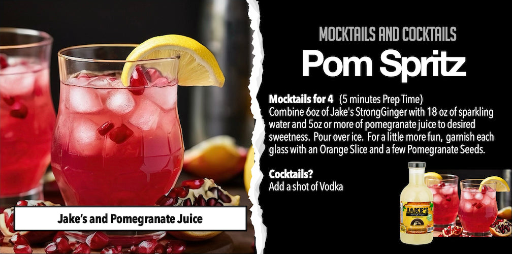 Refreshing pomegranate ginger drinks over ice with lemon garnish
