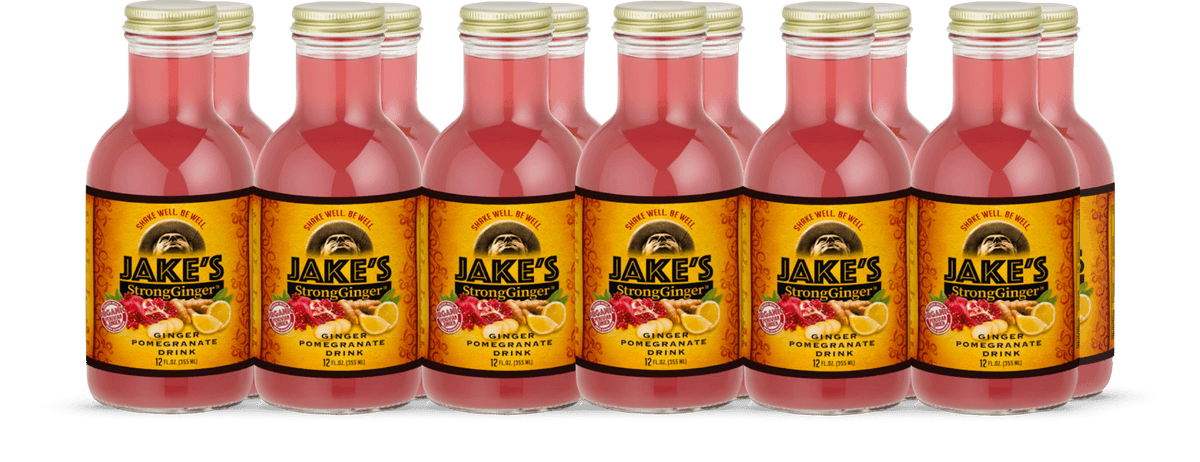 Premium Steeped Ginger Pomegranate Juice 12-Pack featuring six 12oz bottles of Jake's StrongGinger™.