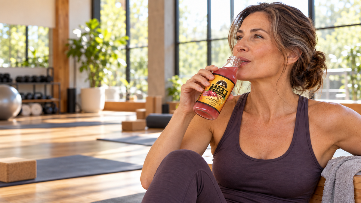 Woman naturally sipping Jake’s StrongGinger Pomegranate Drink after yoga in a sunlit studio.