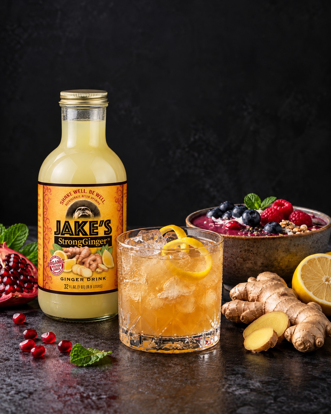 Jake’s StrongGinger 32 oz bottle beside a ginger cocktail, berry smoothie, fresh ginger and lemon