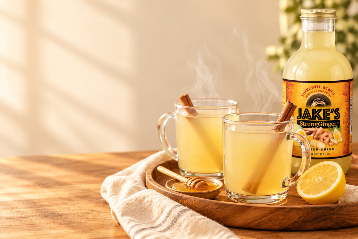Warm Jake’s Throathealer ginger, lemon and honey drinks with cinnamon.