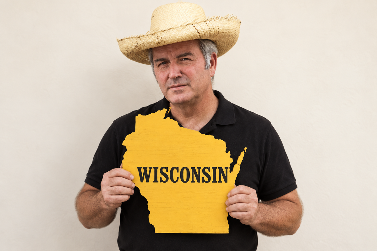 Jake holding a yellow Wisconsin state cutout